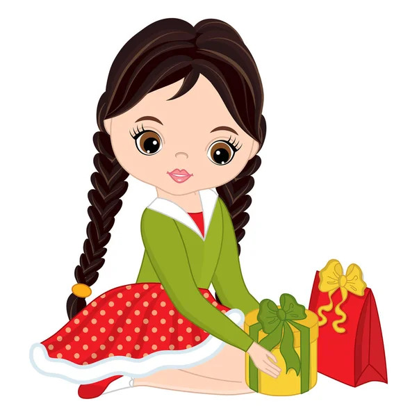Vector schattige kleine meisjes met giften van Kerstmis — Stockvector