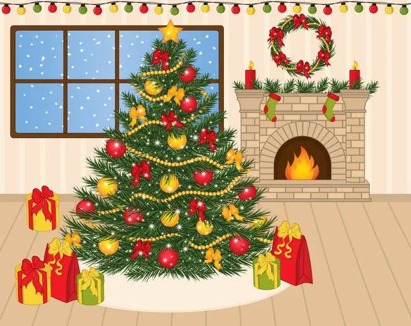 Διάνυσμα διακοσμημένο χριστουγεννιάτικο δέντρο, Χριστούγεννα δώρα και τζάκι — Διανυσματικό Αρχείο