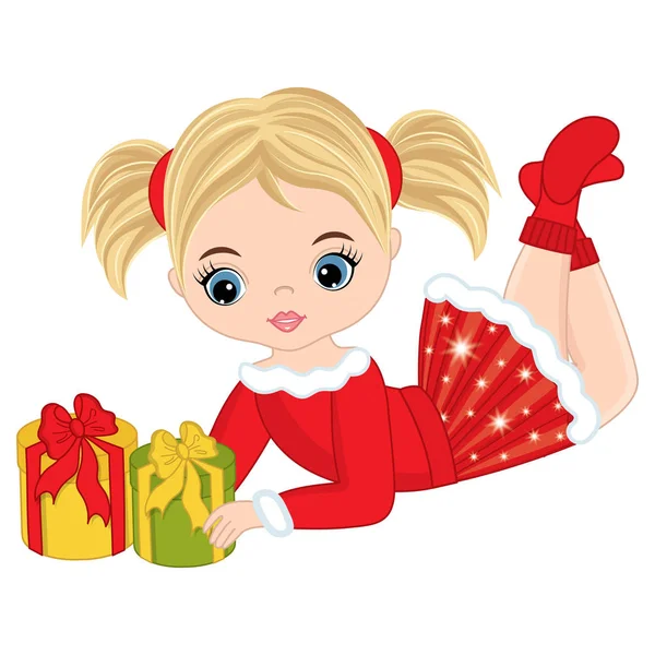Vektor niedliches kleines Mädchen mit Weihnachtsgeschenken — Stockvektor