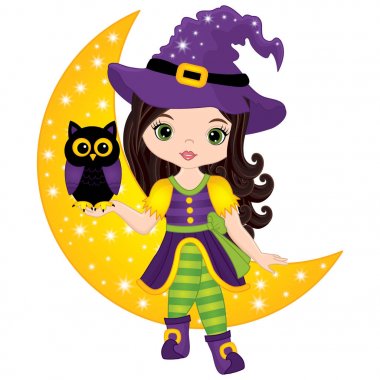 Vektör şirin küçük cadı ile Crescent üzerinde oturan baykuş