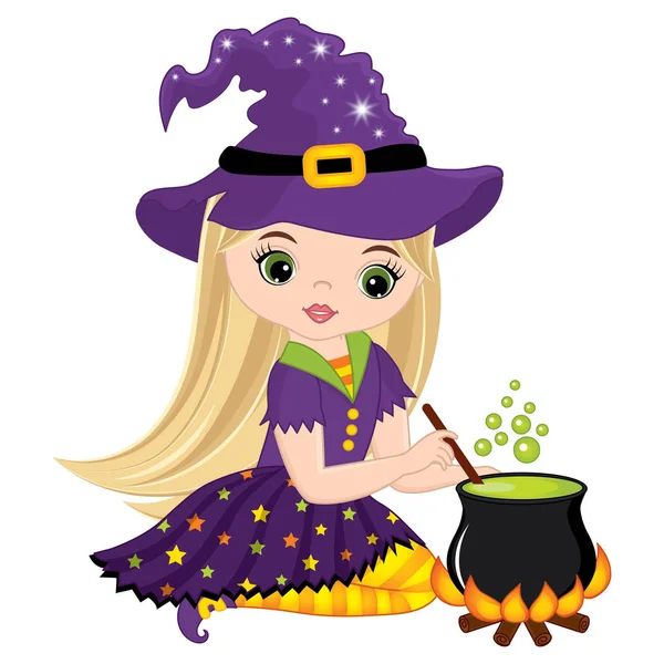 Vector Cute Little Witch Cooking Magic Potion in Cauldron — Stock Vector