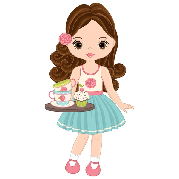 Vector niñas lindas con tazas de té y cupcakes — Archivo Imágenes Vectoriales