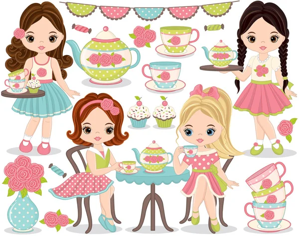 Aranyos kislány teázni vektor Tea Party szett — Stock Vector