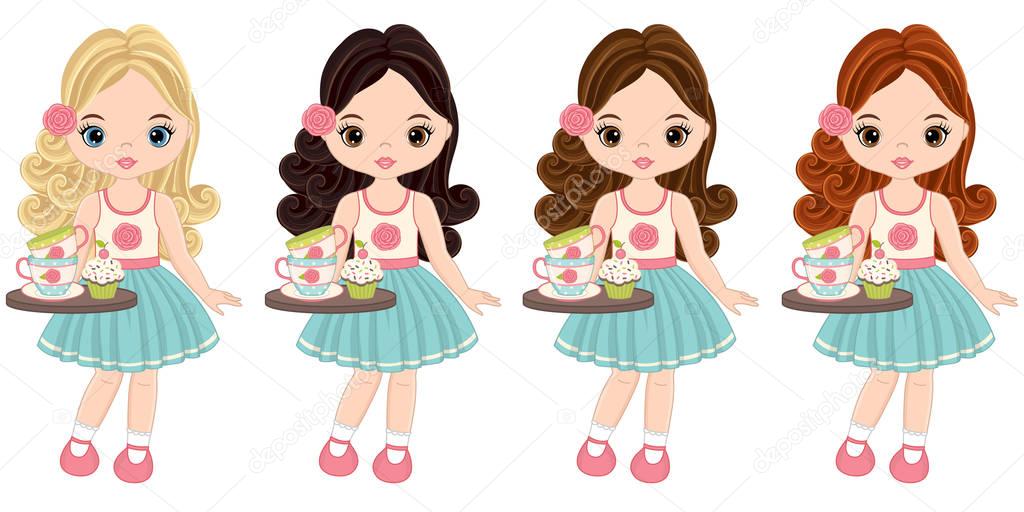 Vector Cute Little Girls with Tea Cups and Cupcakes