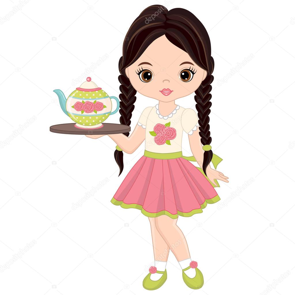 Vector Cute Little Girl with Tea Pot