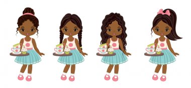 Vektör sevimli küçük Afrikalı-Amerikalı kız ile tepsi, çay bardak ve Cupcakes