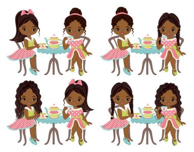 Vektör sevimli küçük Afrikalı-Amerikalı kız çay içiyor