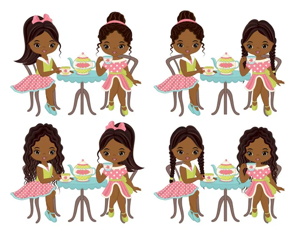 Vektör sevimli küçük Afrikalı-Amerikalı kız çay içiyor