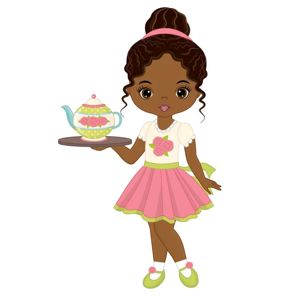 Vector linda niña afroamericana con maceta de té — Vector de stock