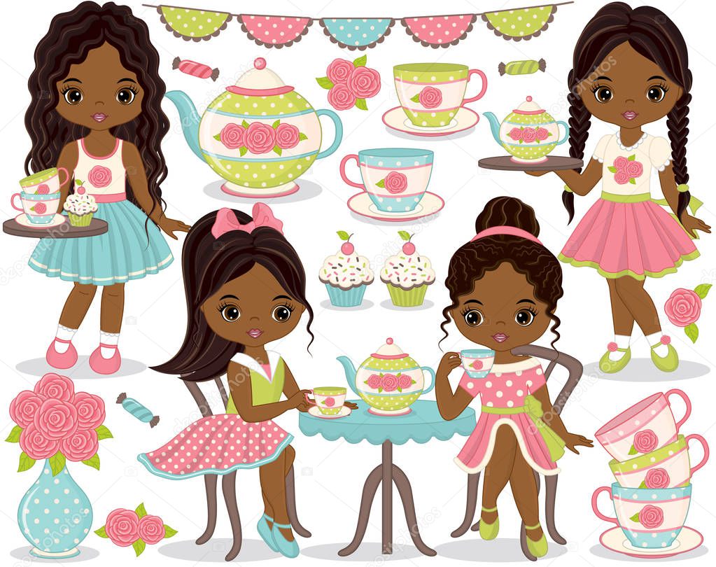 Vector Tea Party Set. Set Includes Little African American Girls, Cupcakes, Tea Pot and Cups