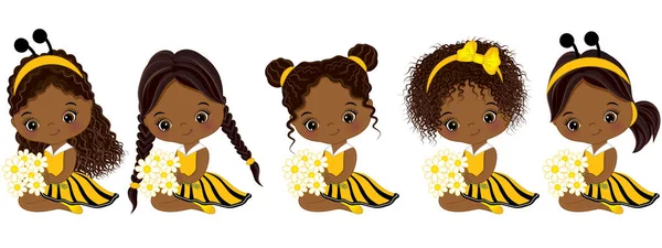 Vector lindo poco afroamericano niñas con varios peinados — Vector de stock