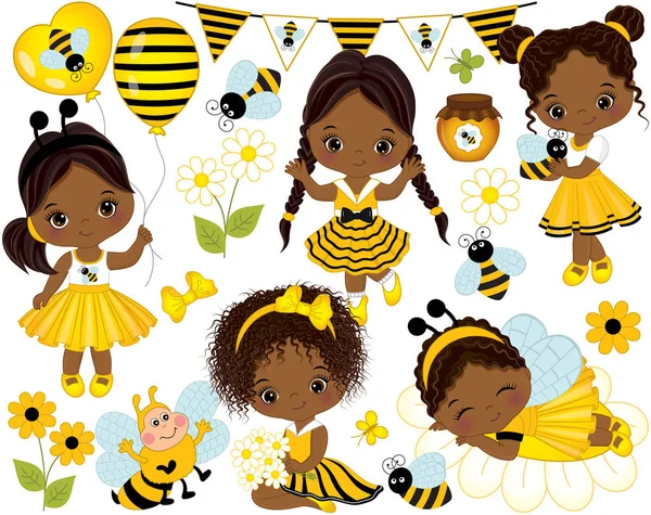 Küçük Afrikalı-Amerikalı kızlar, arı, bal, balonlar ve çiçekler vektör — Stok Vektör