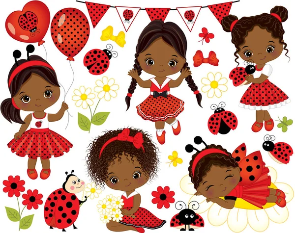 Vector Set with Cute Little African American Girls and Ladybugs — Stock Vector