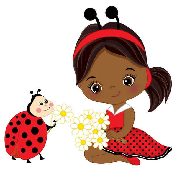 Vector bonito menina afro-americana com joaninha e flores — Vetor de Stock