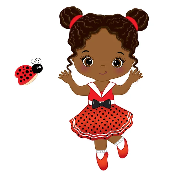 Vector Cute Little African American Girl with Ladybug — Stock Vector