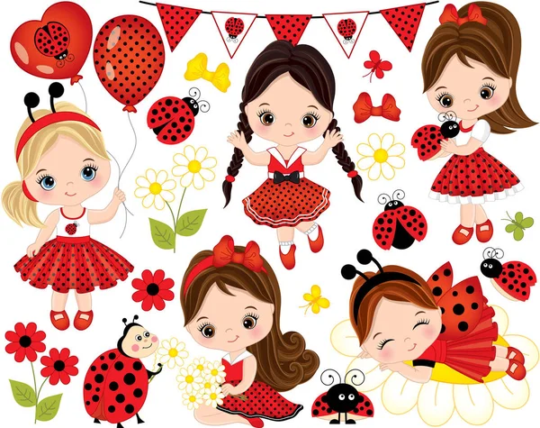 Sevimli küçük kız ve Ladybugs ile vektör Set