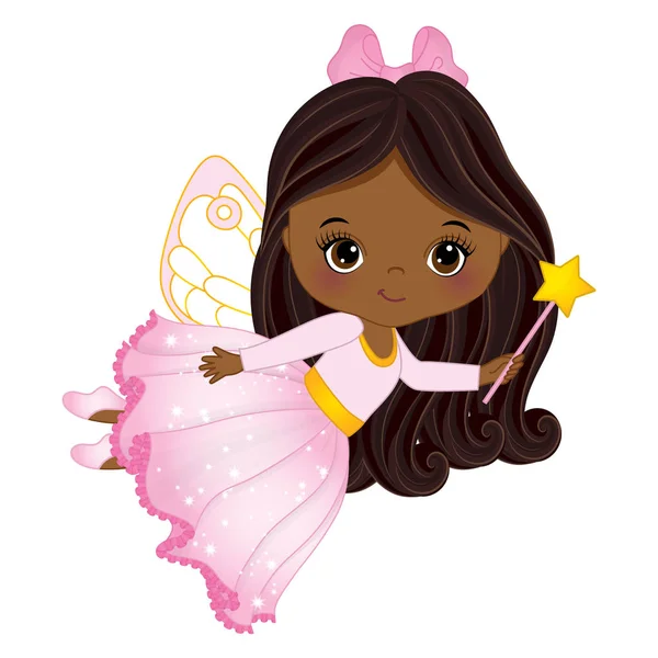 Vector Cute Little African American Fairy with Magic Wand — Stock Vector