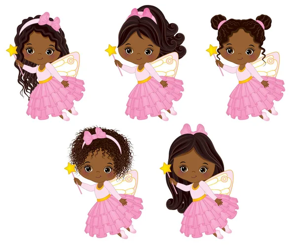 Vector Cute Little African American Fairies with Various Hairstyle - Stok Vektor