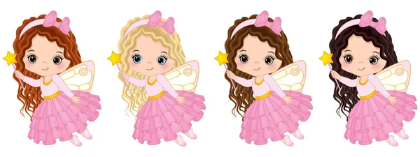 Vector Cute Little Fairies dengan Beragam Warna Rambut - Stok Vektor