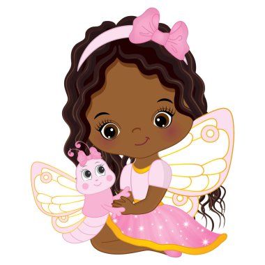 Vektör sevimli küçük Afrikalı-Amerikalı peri ile kelebek