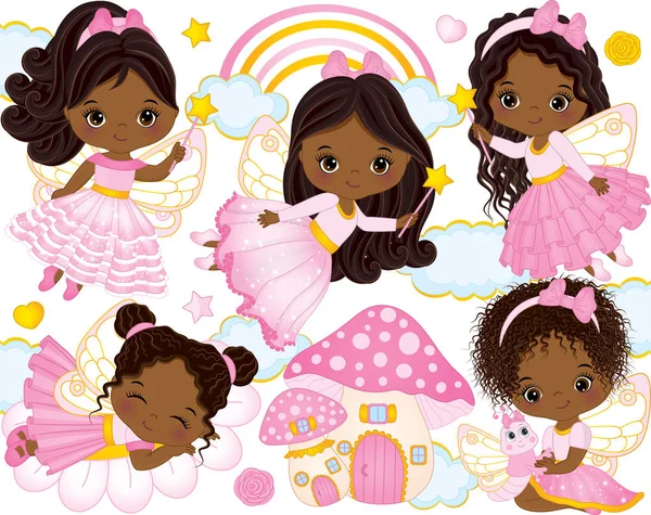 Vector Set with Cute Little African American Fairies — Stock Vector
