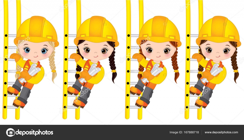 Bambine sveglie salendo le scale e tenendo disegni di vettore Vector bambine con vari colori di capelli Costruzione di vettore