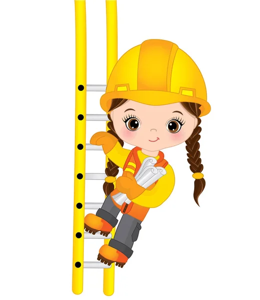 Vector Aranyos kis lány Builder mászni a létrán, és a gazdaság rajzok — Stock Vector