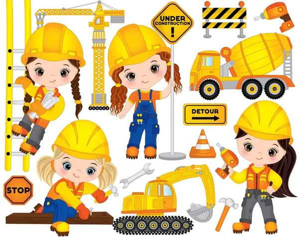 Вектор будівельний набір з маленькими будівельниками дівчат, транспорт та інструменти — стоковий вектор