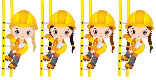 Vector Söt lilla flickor byggare klättring upp stege och hålla ritningar — Stock vektor