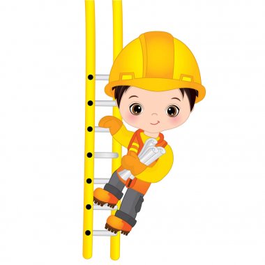 Vector Little Boy Merdiven 'e tırmanıyor. Vektör Küçük Yapıcı