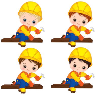 Çivi çekiç vektör şirin küçük çocuklar. Küçük üreticileri vektör