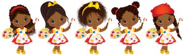 Vector cute Little African American Artists with Palettes and Paint Brushes Vector Little African American Girls