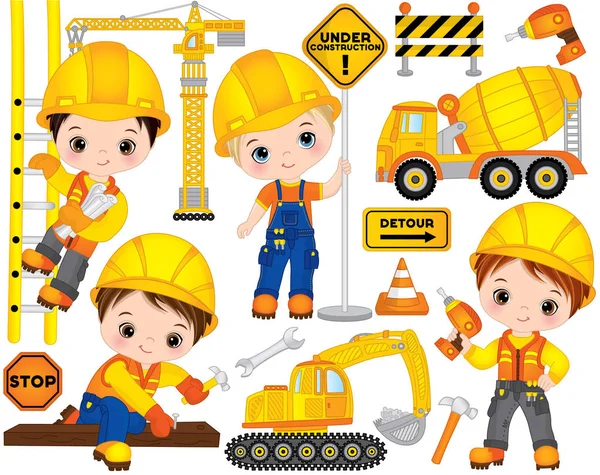 Vector Construction Set with Little Builders, Transport and Tools — Stock Vector