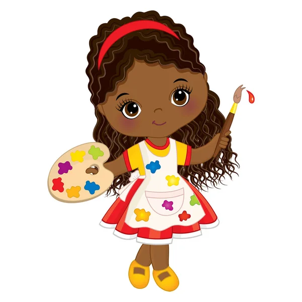 矢量可爱小非洲裔美国艺术家画笔和调色板。矢量小女孩 — 图库矢量图片