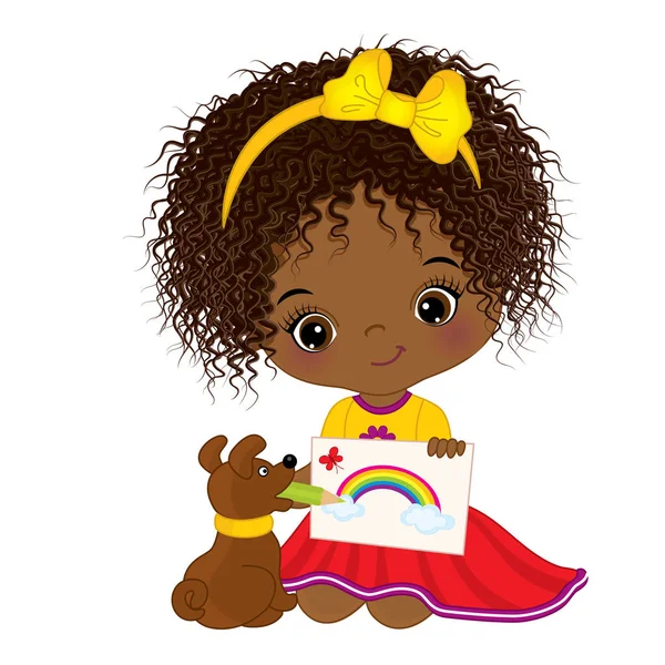 Vector lindo Little African American Artist Drawing. Vector niña — Vector de stock