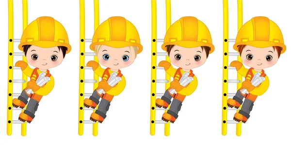 Meninos bonitos do vetor subindo a escada. Vector pequenos construtores — Vetor de Stock