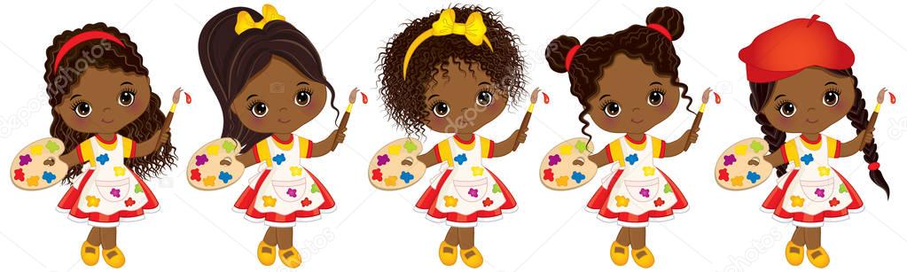 Vector cute Little African American Artists with Palettes and Paint Brushes Vector Little African American Girls Royalty Free Stock Vectors