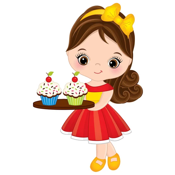 Vector linda bandeja de retención de niña con cupcakes — Vector de stock