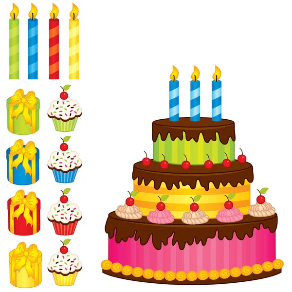 Pastel de cumpleaños vectorial, velas, cupcakes y cajas de regalo — Archivo Imágenes Vectoriales