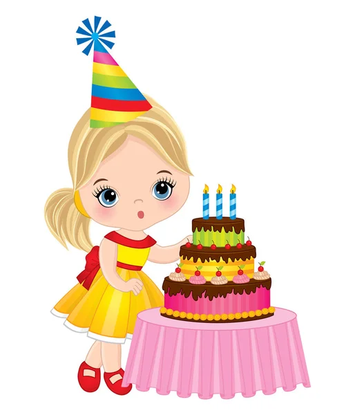 Vector linda niña soplando velas en pastel de cumpleaños — Archivo Imágenes Vectoriales