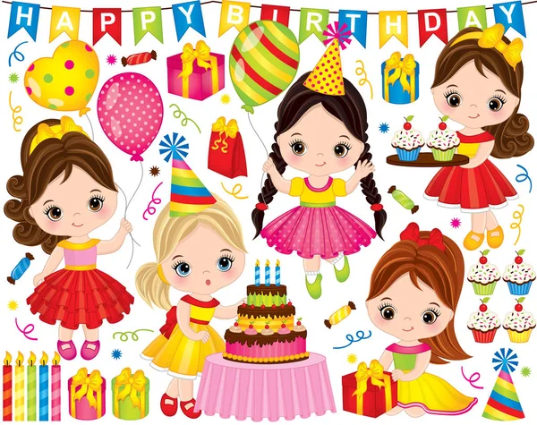 Set de cumpleaños vectorial. Conjunto incluye lindas niñas con pastel, globos, cupcakes y cajas de regalo — Archivo Imágenes Vectoriales