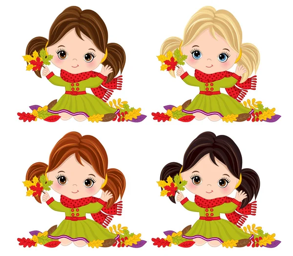 Διάνυσμα χαριτωμένα κοριτσάκια με φθινόπωρο φύλλα — Διανυσματικό Αρχείο