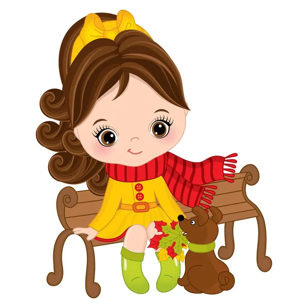 Bankta oturan vektör sevimli küçük kız 