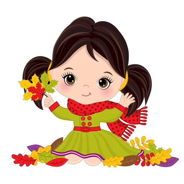 Vector linda niña con hojas de otoño — Vector de stock