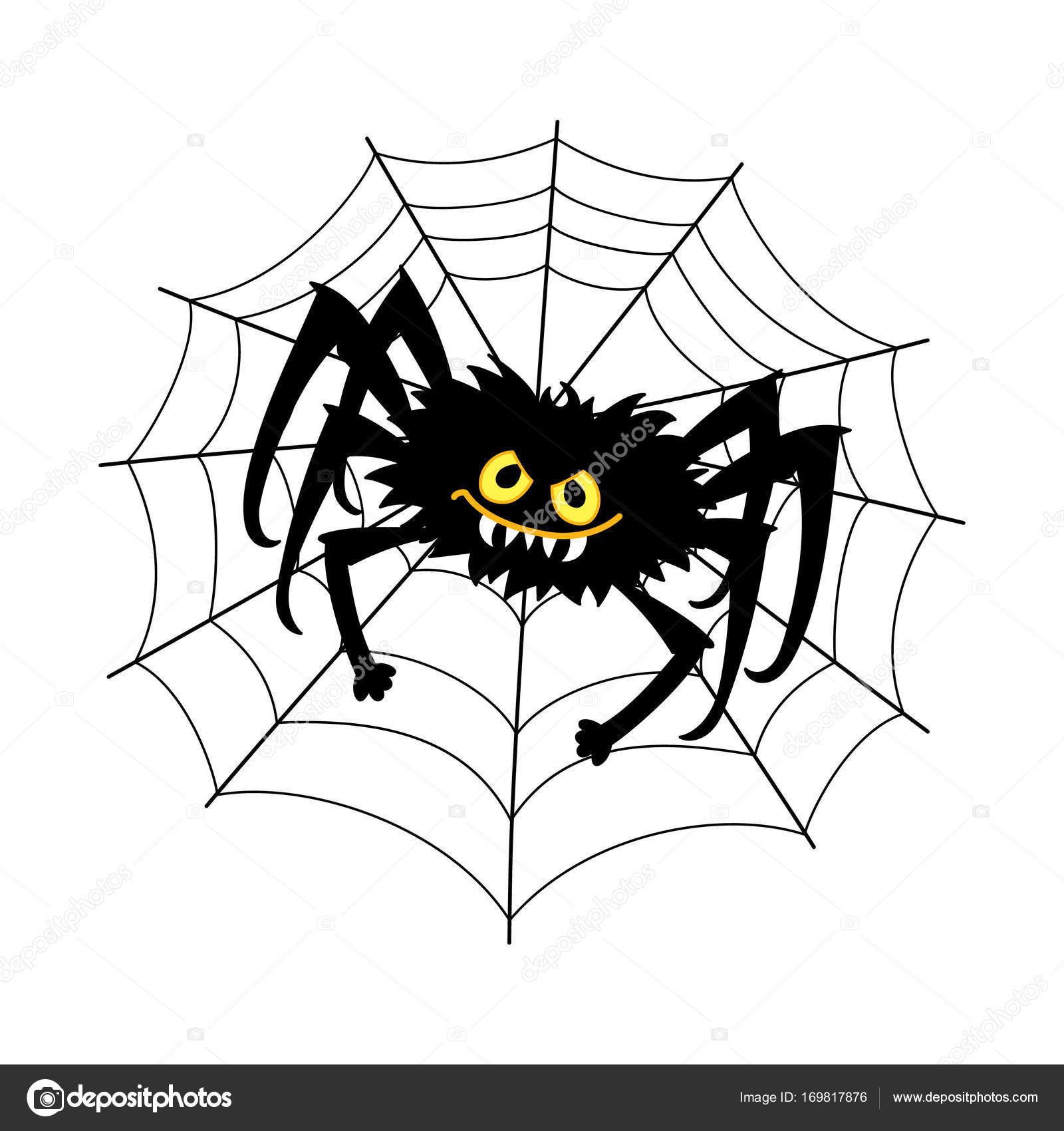 vektor schwarze cartoonspinne sitzt auf dem spinnennetz