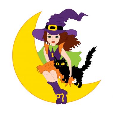 Vektör Halloween cadı ile ayın üzerinde oturan kedi