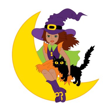 Vektör Cadılar Bayramı Afrika kökenli Amerikalı cadı ile ayın üzerinde oturan kedi