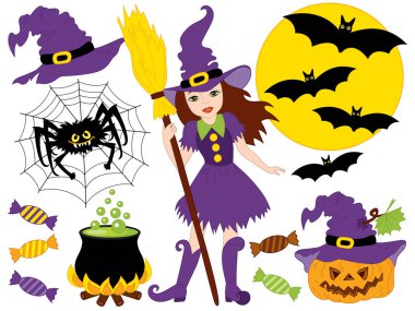 Vektör Halloween cadı, Moon, örümcek, kabak ve yarasalar ile ayarla