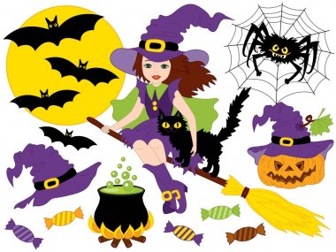 Vektör Halloween cadı, Moon, örümcek, kabak ve yarasalar ile ayarla