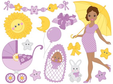 Vektör Set hamile Afrikalı-Amerikalı kadın, Bebek ve öğeleri ile bebek duş için